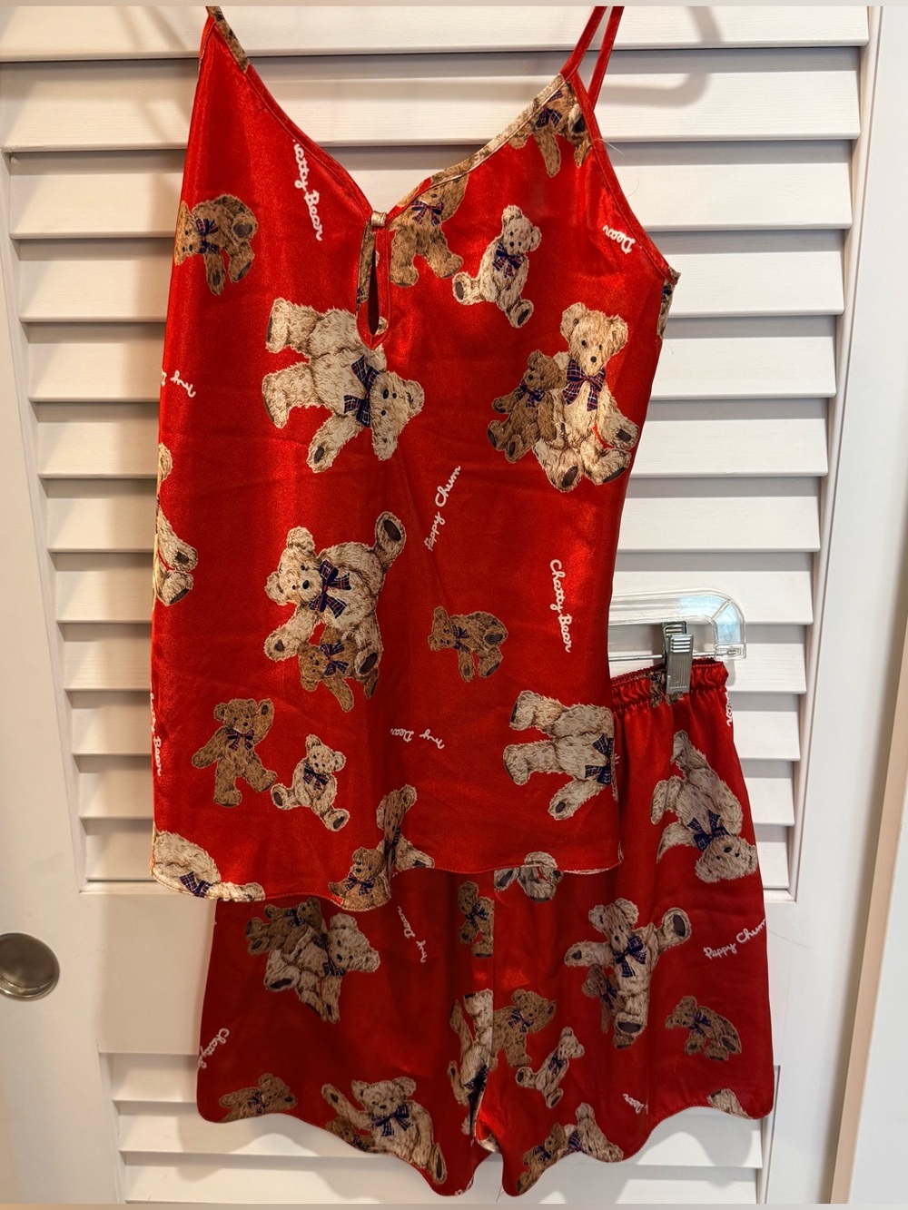 Prestige Lingerie Peppy Chum Teddy Bear Satin Pajama Set Red Cami & Shorts Y2K